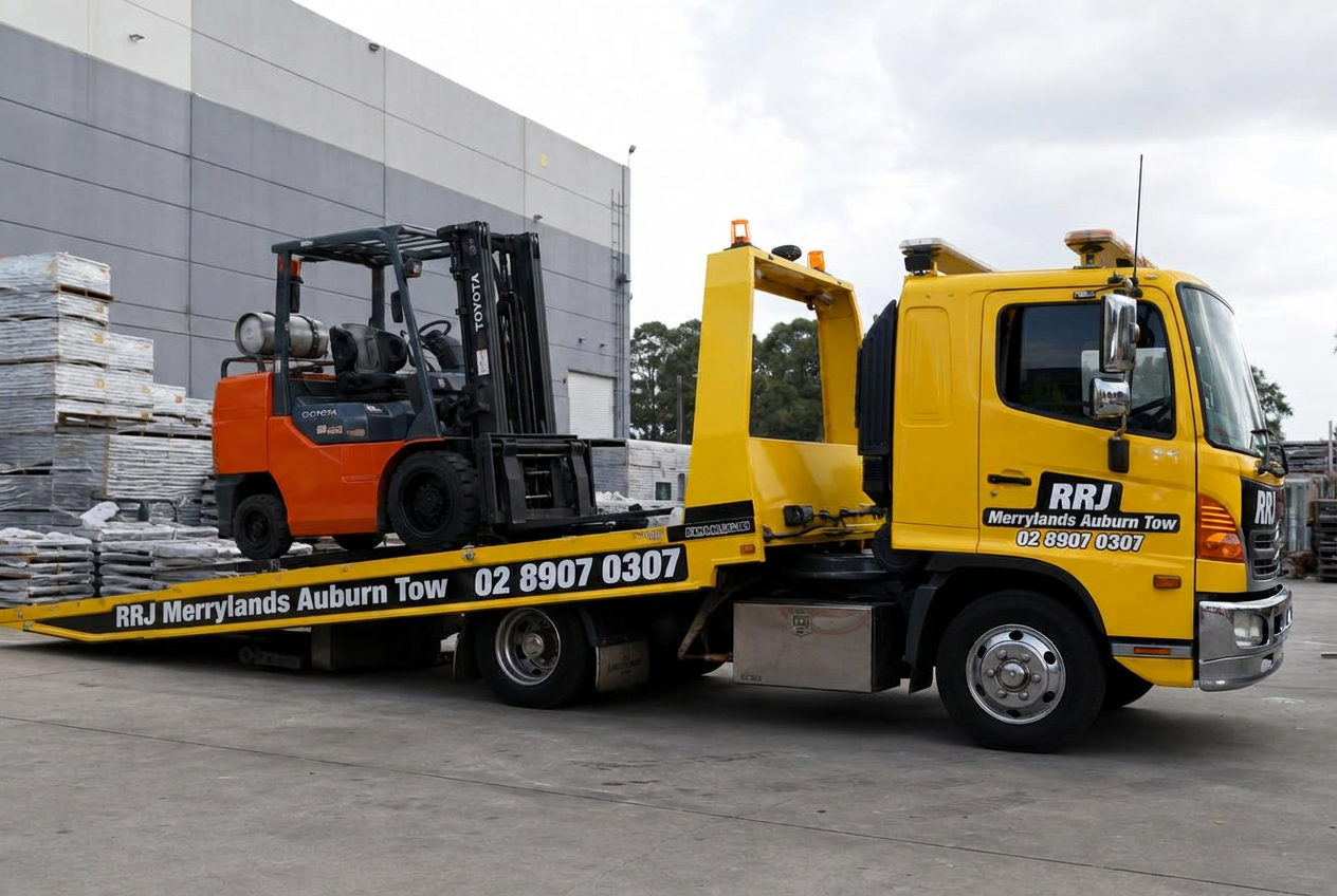 Forklift being loaded onto a RRJ Merrylands Auburn Tow flatbed truck